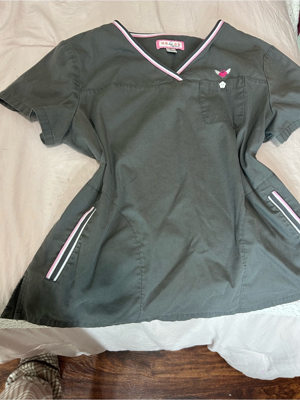 koi Women's Charcoal Scrub Top with Pink & White Trim